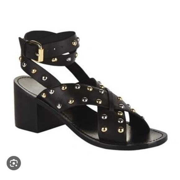 Maje Fiona sandals black leather gold silver studs ankle wrap sz 39 - Picture 1 of 14